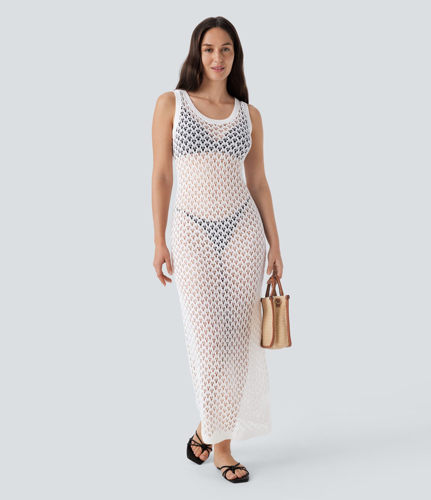 Round Neck Sleeveless Midi Hollow Out Linen-Feel Cover Up Dress