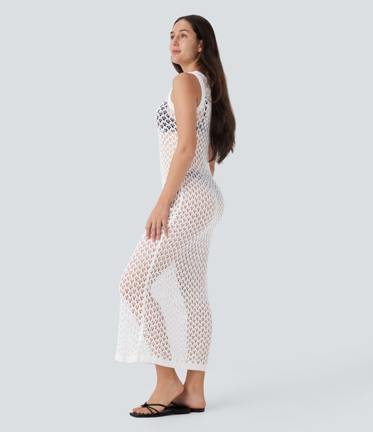 Round Neck Sleeveless Midi Hollow Out Linen-Feel Cover Up Dress