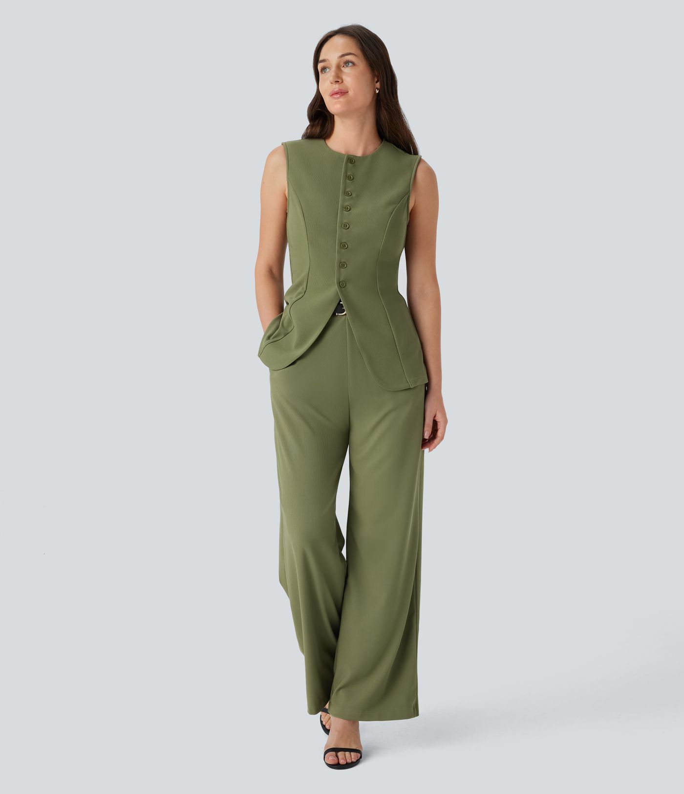 Ärmellose Arbeitsweste mit Rundhalsausschnitt, Knopfleiste und Mikrowaffelmuster