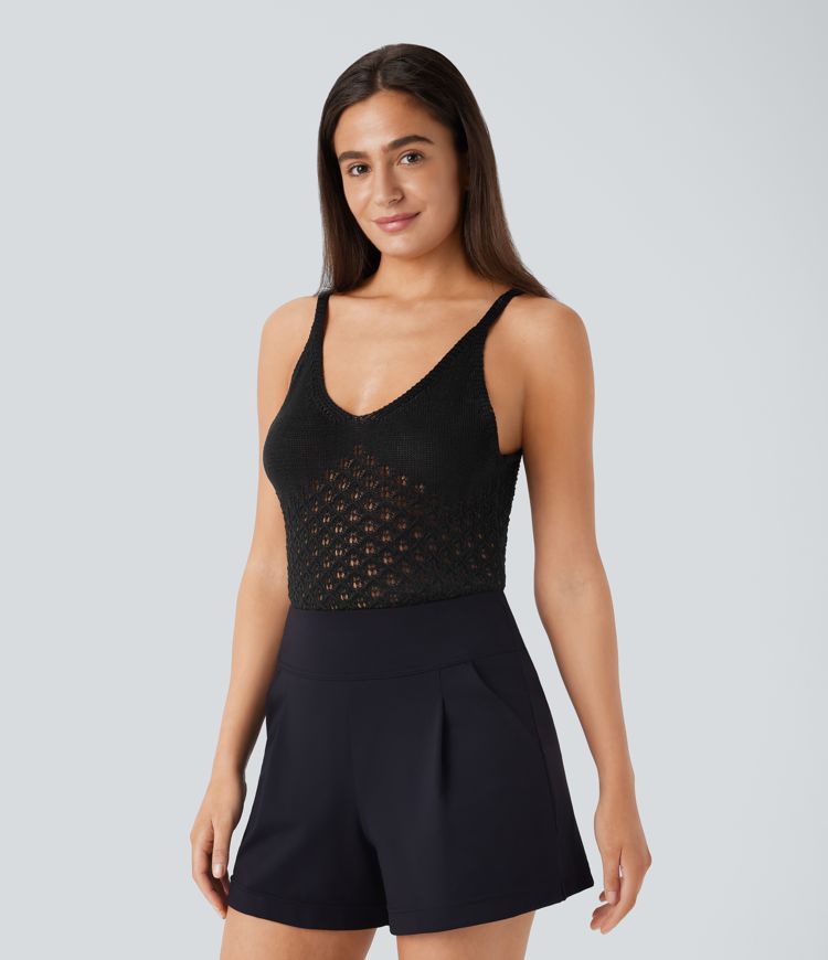 V Neck Backless Cut Out Casual Sweater Knit Linen-Feel Tank Vest Top