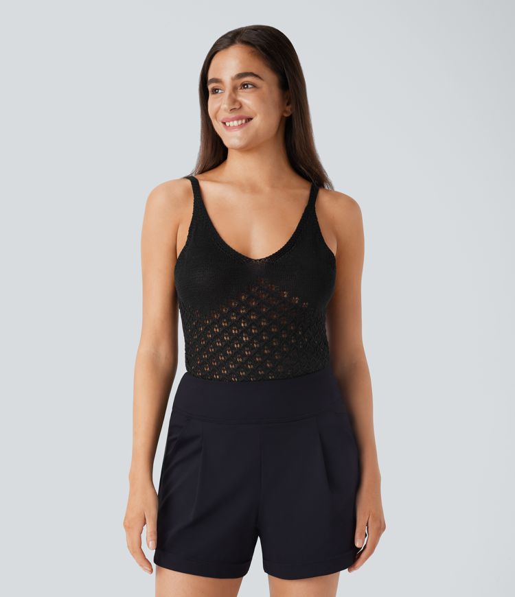 V Neck Backless Cut Out Casual Sweater Knit Linen-Feel Tank Vest Top