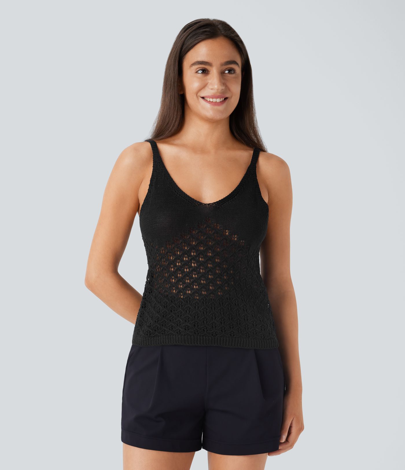 V Neck Backless Cut Out Casual Sweater Knit Linen-Feel Tank Vest Top