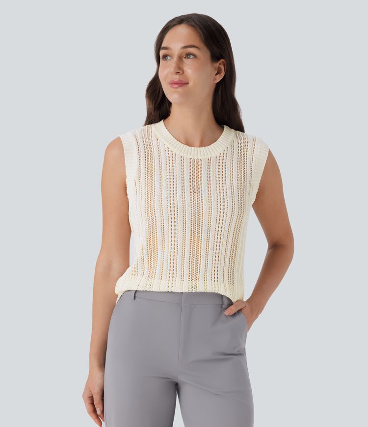 Round Neck Hollow Out Work Knit Tank Top