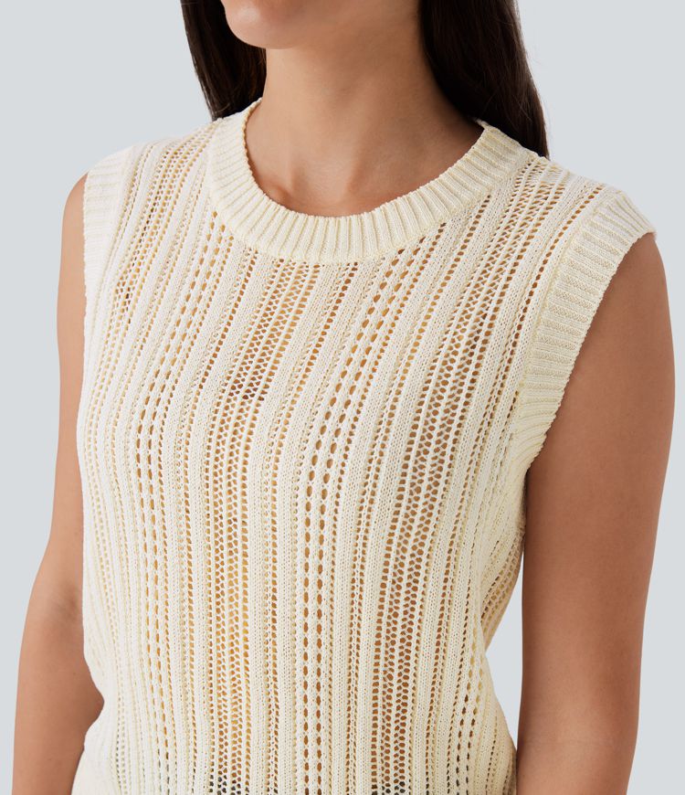 Round Neck Hollow Out Work Knit Tank Top