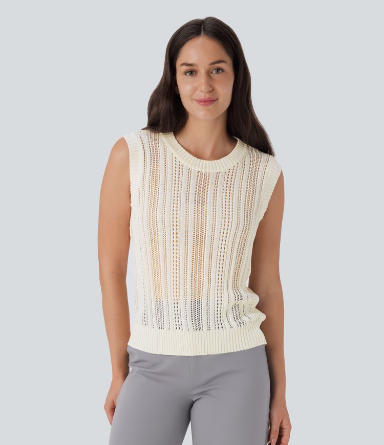 Round Neck Hollow Out Work Knit Tank Top