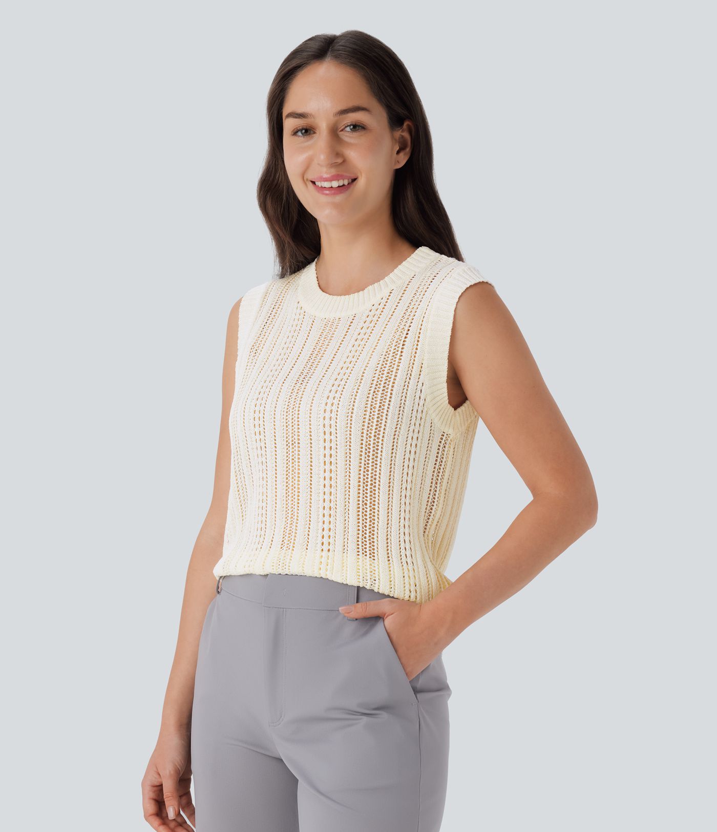 Top en Maille Ajouré à Col Rond pour le Travail