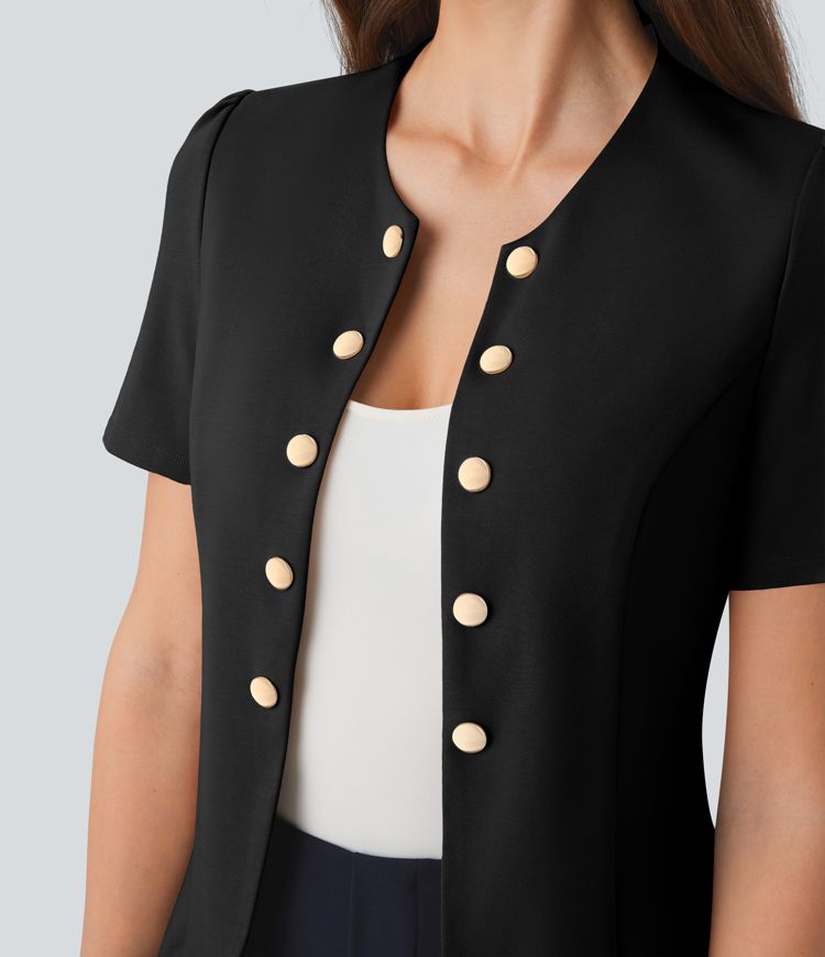 Round Neck Short Sleeve Decorative Slim Work Jacket