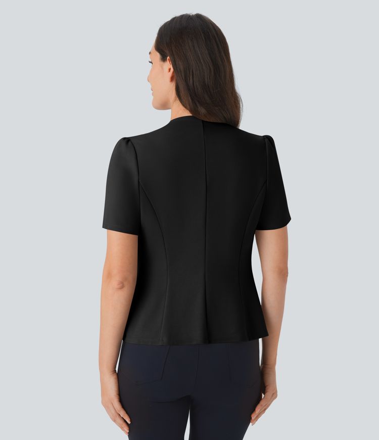 Round Neck Short Sleeve Decorative Slim Work Jacket