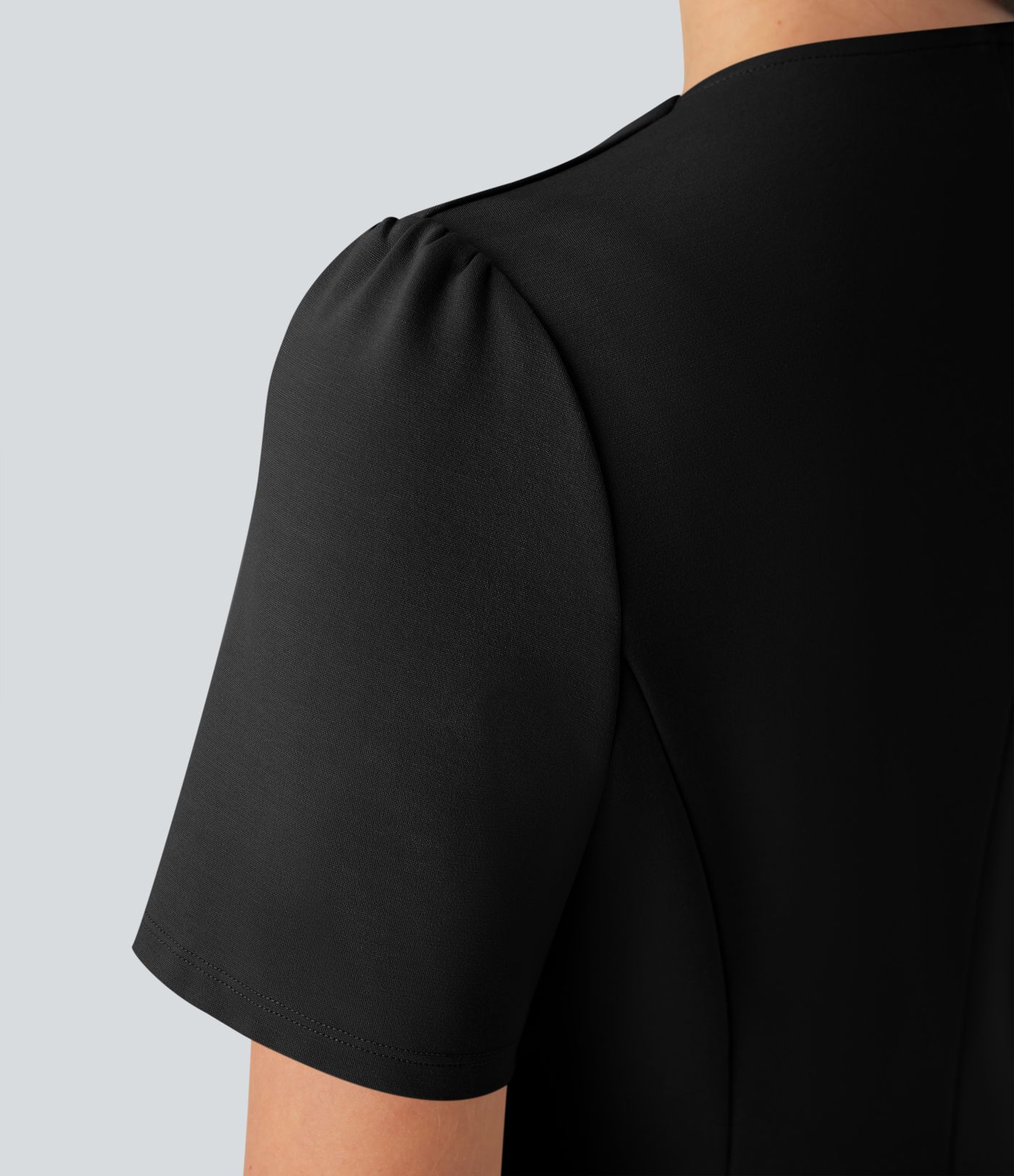 Chaqueta oficina ajustada botón decorativo manga corta cuello redondo