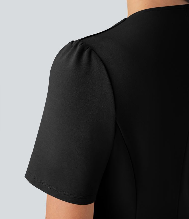 Round Neck Short Sleeve Decorative Slim Work Jacket