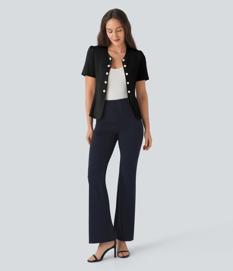 Round Neck Short Sleeve Decorative Slim Work Jacket