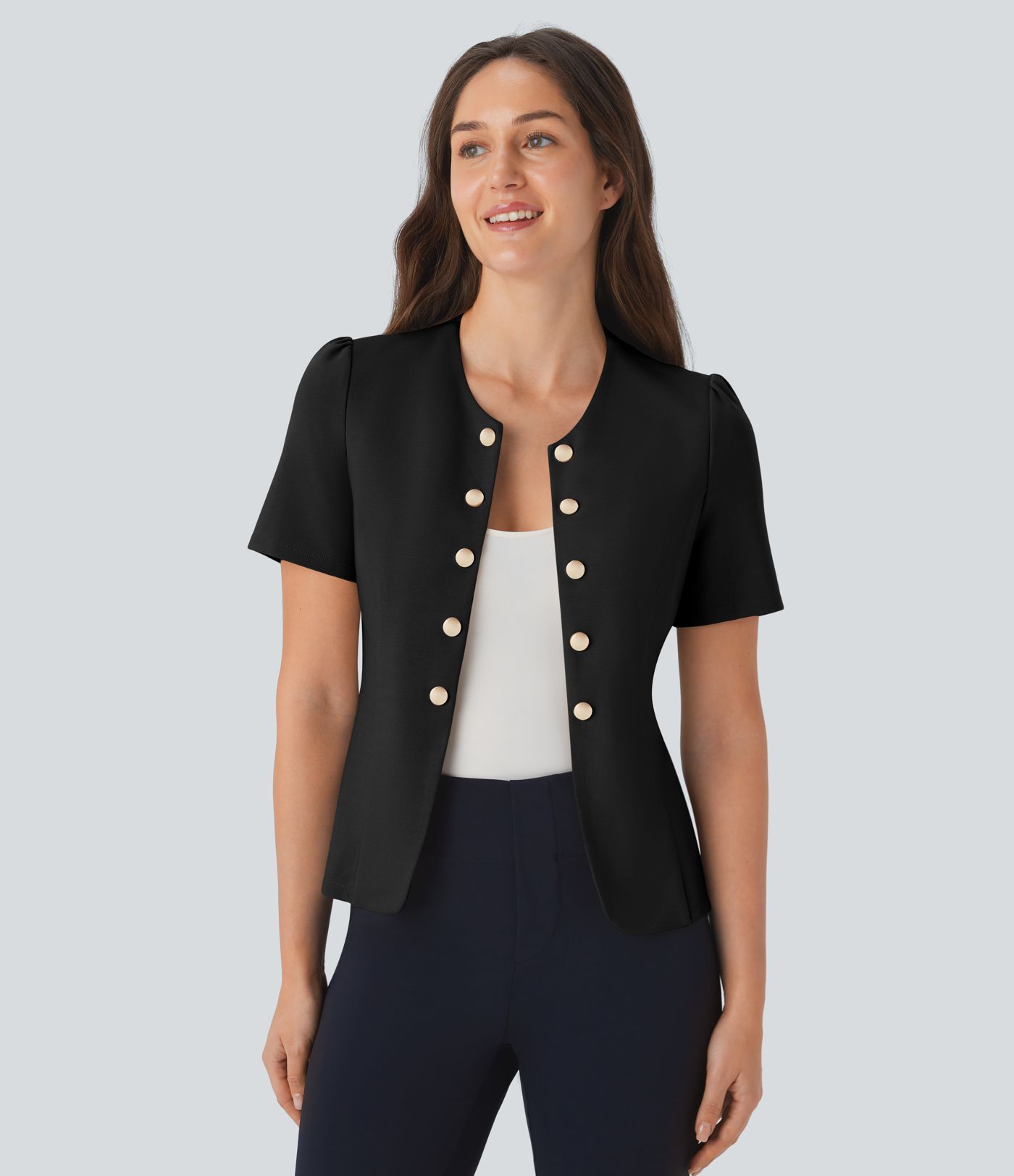 Chaqueta oficina ajustada botón decorativo manga corta cuello redondo