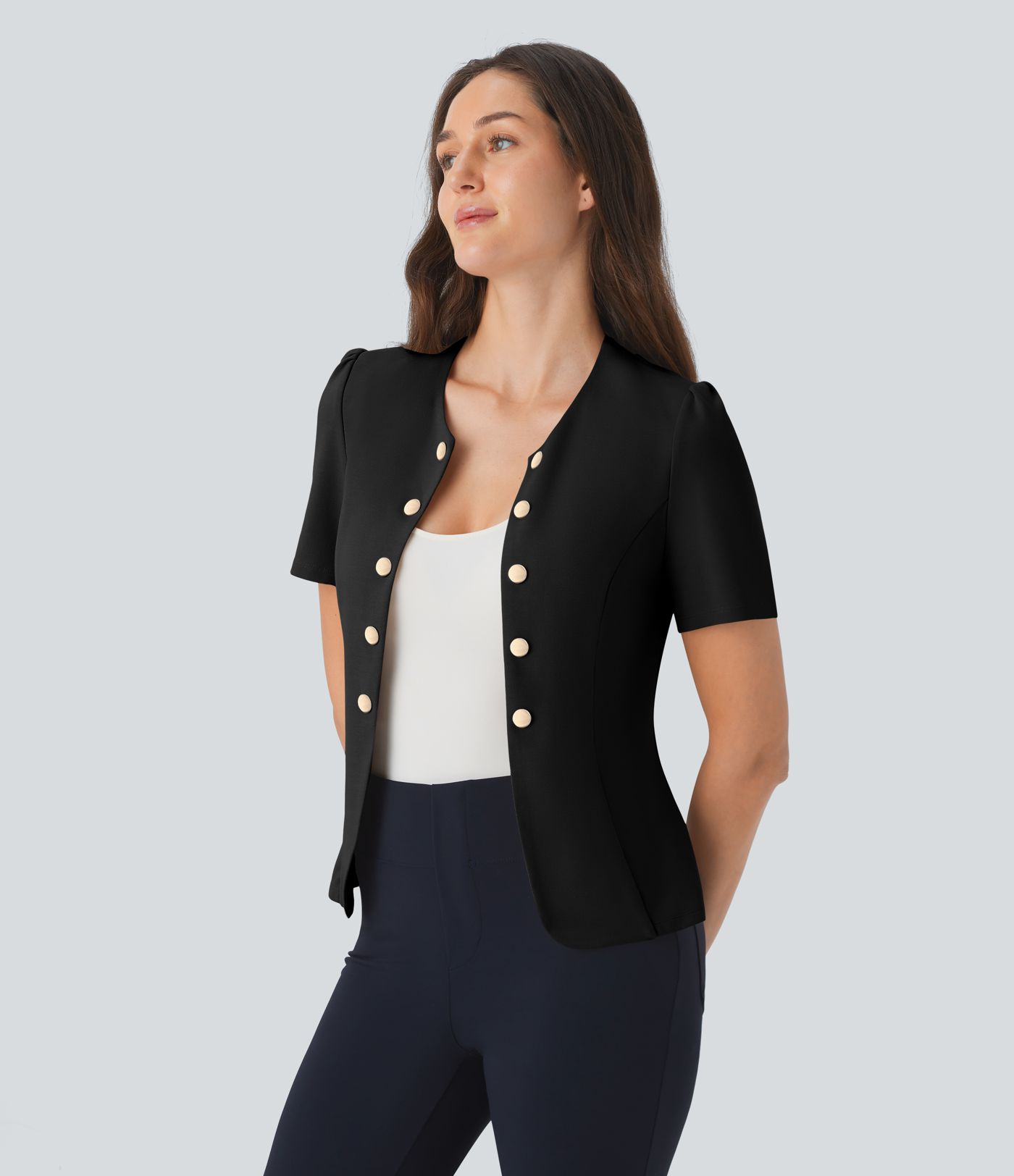 Chaqueta oficina ajustada botón decorativo manga corta cuello redondo