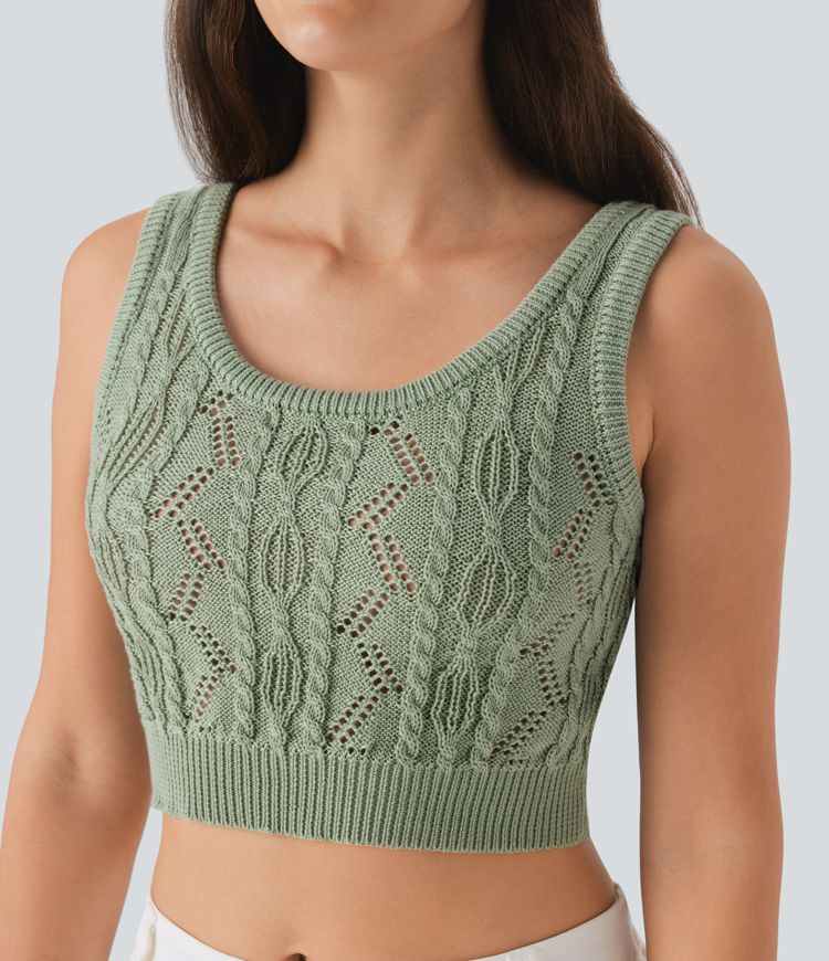 Round Neck Cable Hollow Out Cropped Casual Knit Tank Top