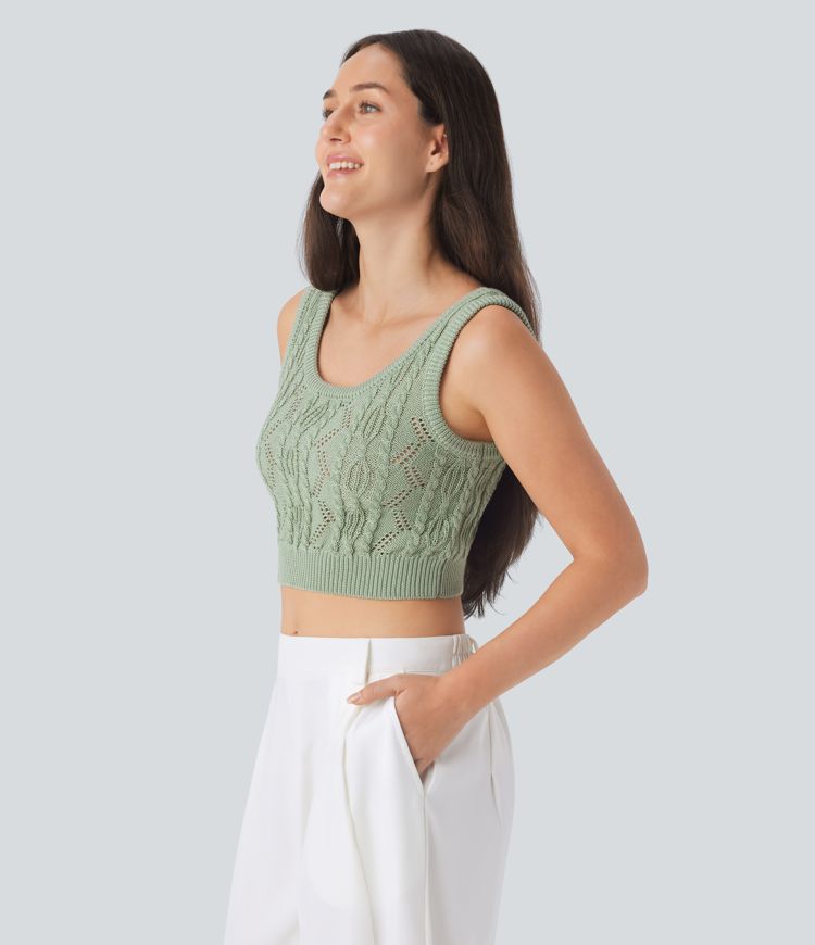 Round Neck Cable Hollow Out Cropped Casual Knit Tank Top