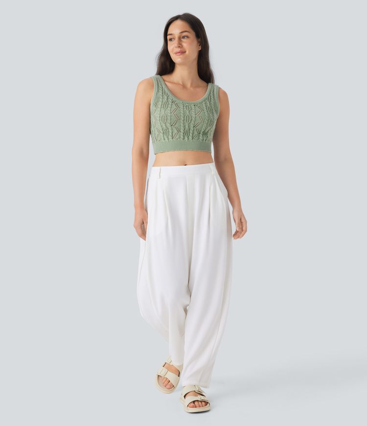 Round Neck Cable Hollow Out Cropped Casual Knit Tank Top