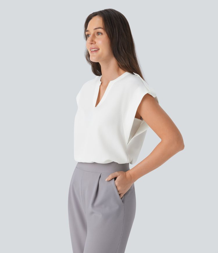 V Neck Sleeveless Decorative Button Work Top