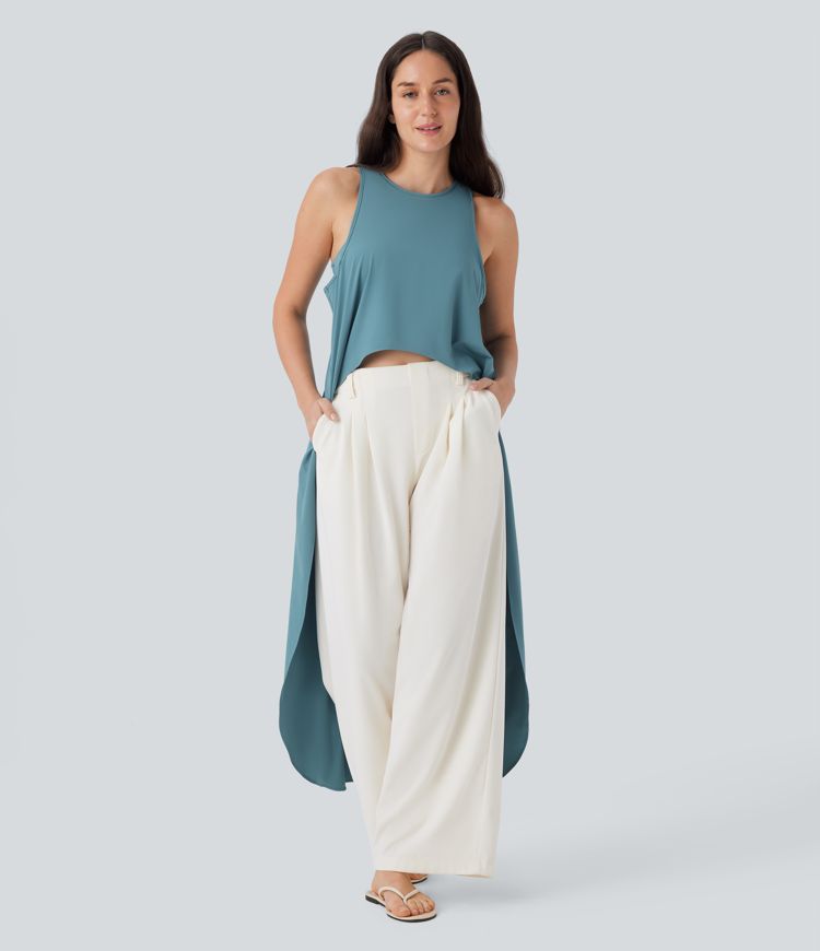 Breezeful™ Round Neck Keyhole Back Cut Out 2-in-1 High Low Flowy Quick Dry Resort Tank Vest Top