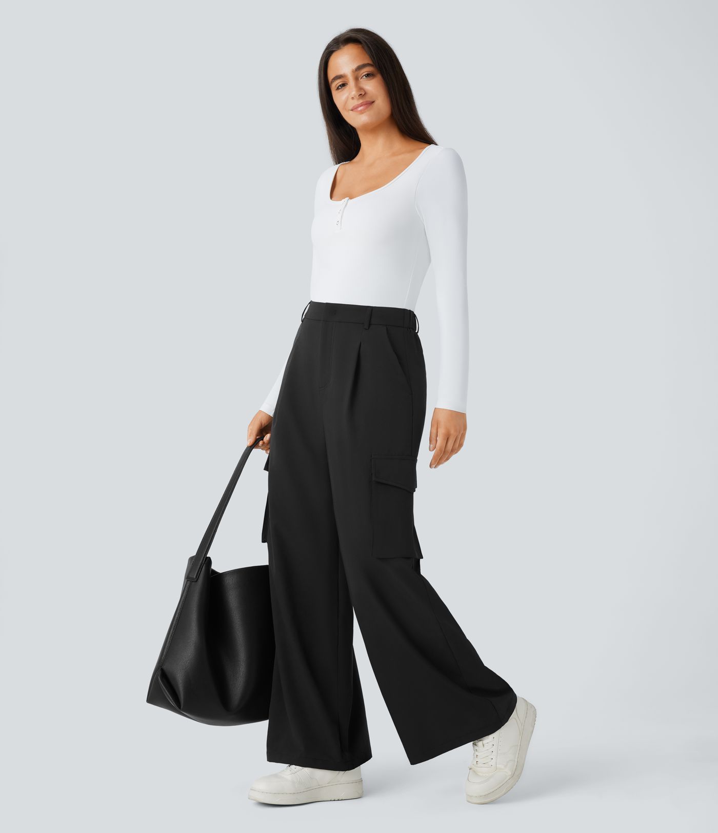 Pantalon cargo thermique jambe large taille haute, déperlant et résistant à l'usure