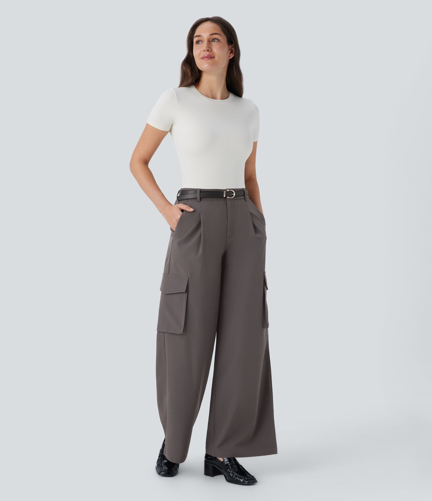 Pantalon cargo thermique jambe large taille haute, déperlant et résistant à l'usure