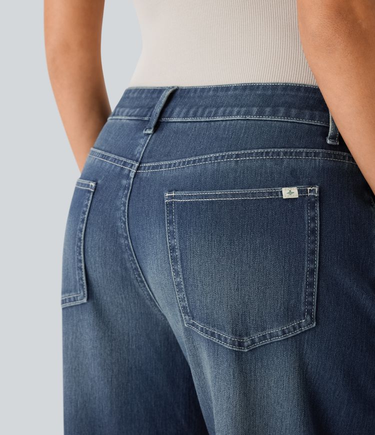 Halara Flex™ Low Rise Zipper Pockets Washed Baggy Wide Leg Women Casual Denim Jeans