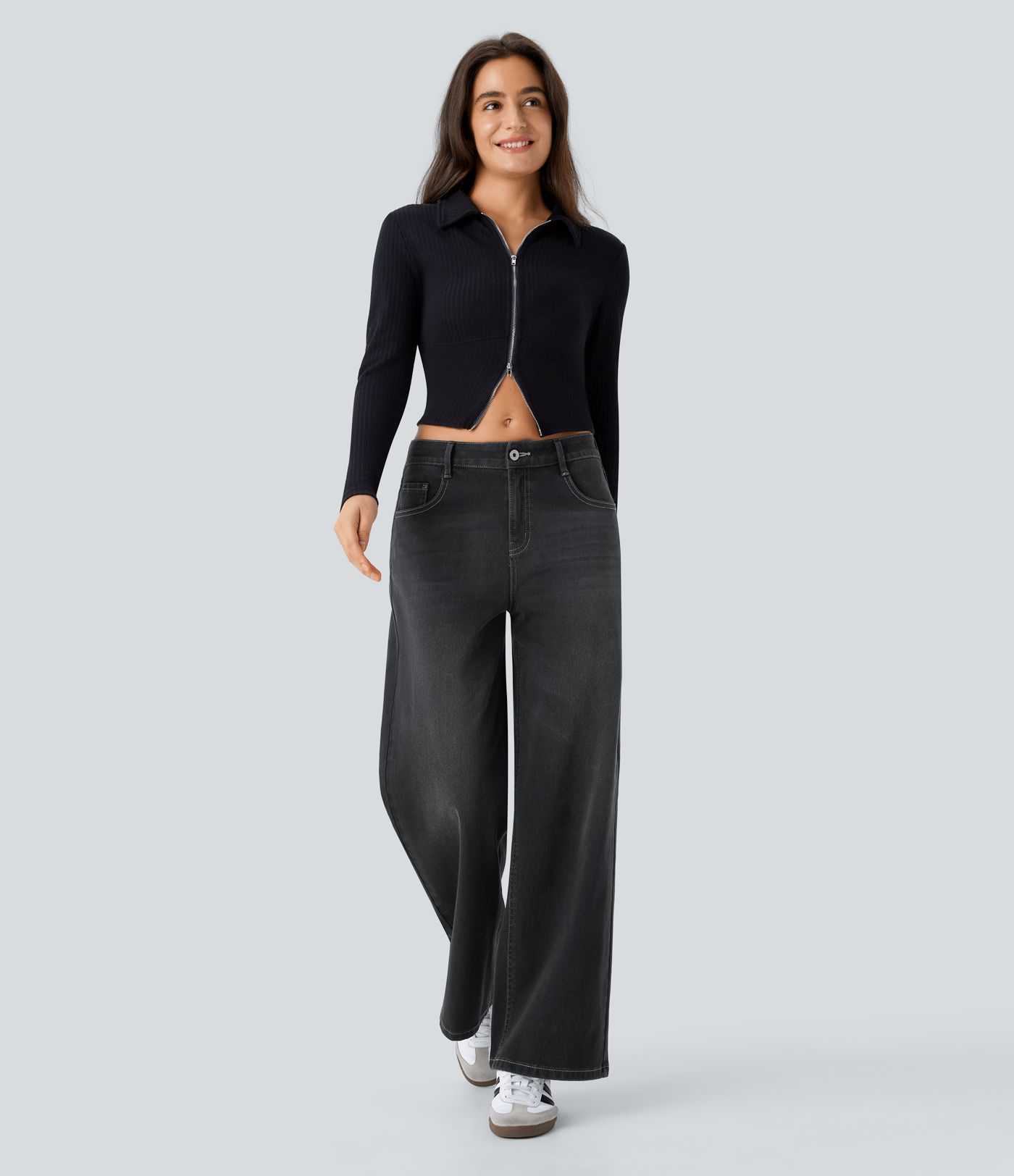 Halara Flex™ Low Rise Zipper Washed Denim Women Wide Leg Baggy Casual Jeans