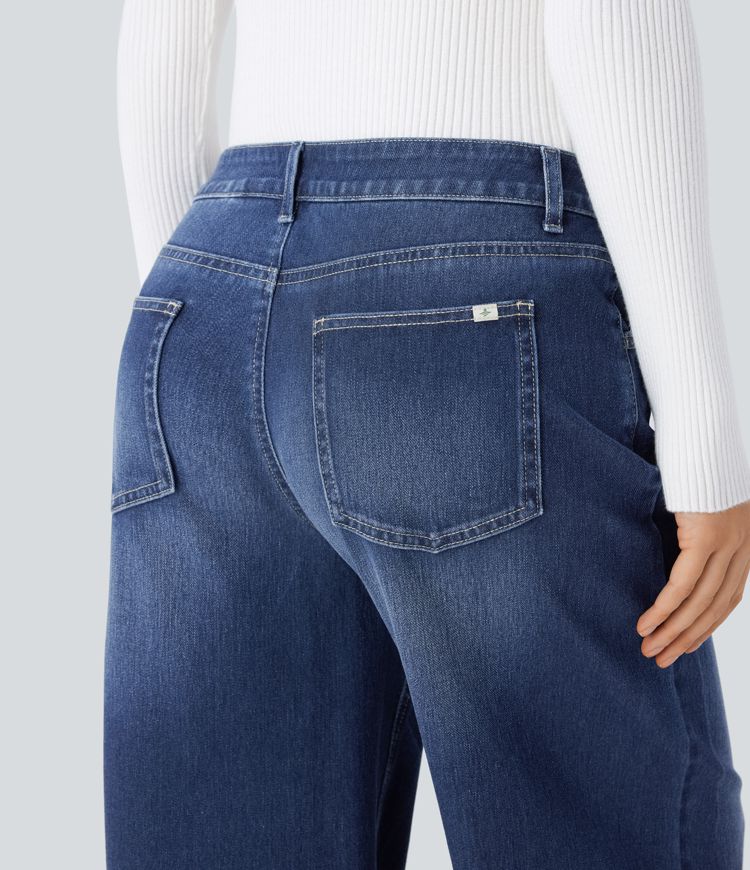 Halara Flex™ Jeans Larges Casual Taille Basse avec Boutons Zip Multiples Poches Lavés Élastiques et Tricotés