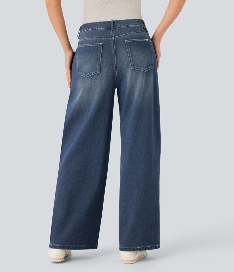 HalaraMagic™ Low Rise Button Zipper Multiple Pockets Washed Stretchy Knit Wide Leg Casual Jeans