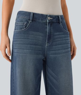 Halara Flex™ Low Rise Zipper Pockets Washed Baggy Wide Leg Women Casual Denim Jeans