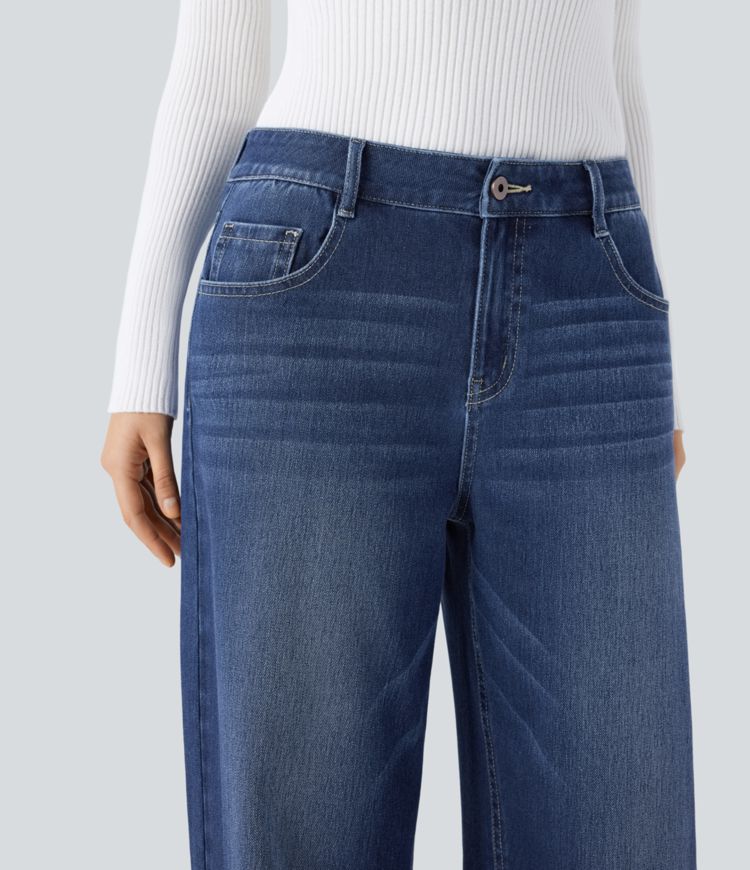 Halara Flex™ Jeans Larges Casual Taille Basse avec Boutons Zip Multiples Poches Lavés Élastiques et Tricotés