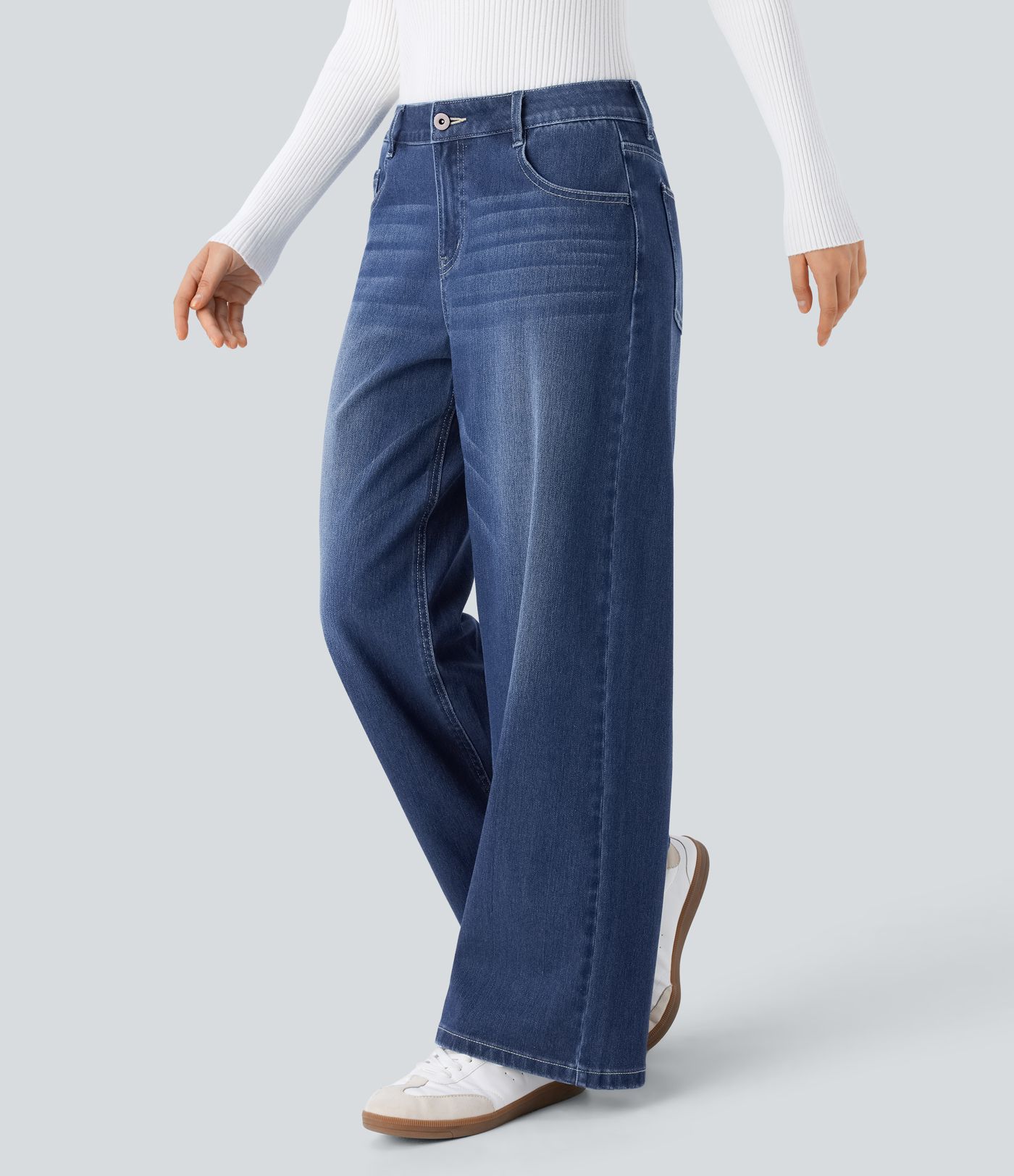 Jeans Baggy Halara Flex™ Denim tiro bajo botón cremallera múltiple bolsillo elástico lavado holgado pierna ancha