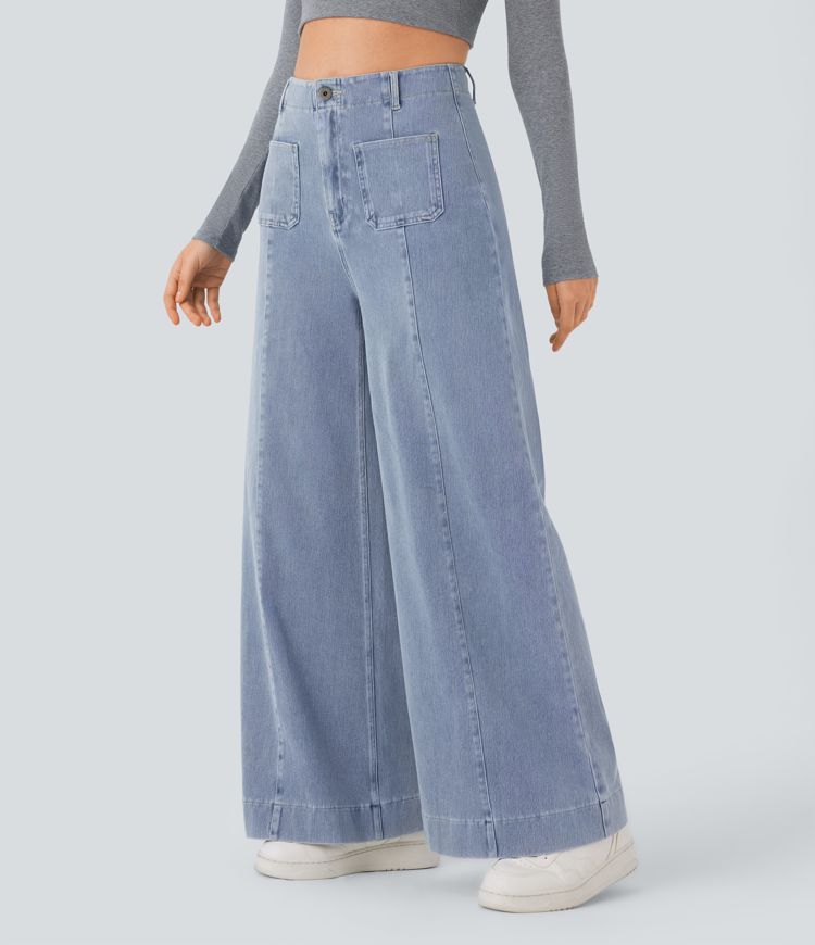 Halara Flex™ High Waisted Pockets Washed Casual Wide Leg Jeans