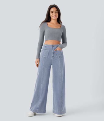 Halara Flex™ High Waisted Pockets Washed Casual Wide Leg Jeans
