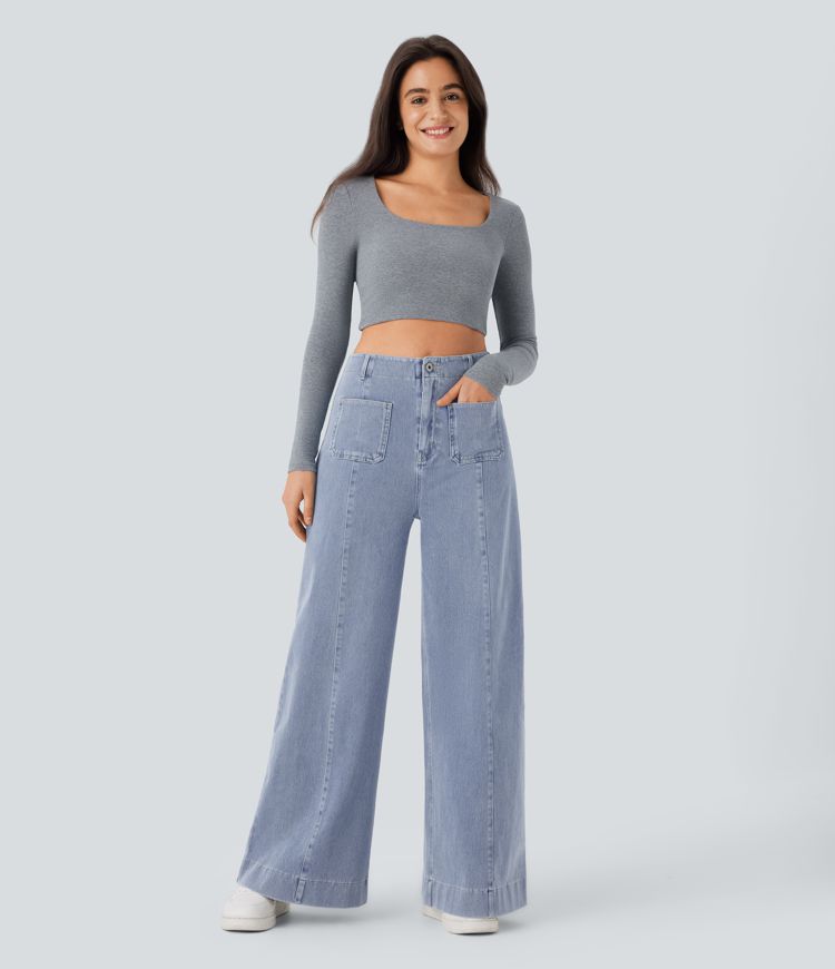 Halara Flex™ High Waisted Pockets Washed Casual Wide Leg Jeans