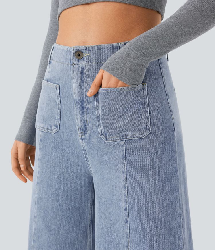 Halara Flex™ High Waisted Pockets Washed Casual Wide Leg Jeans