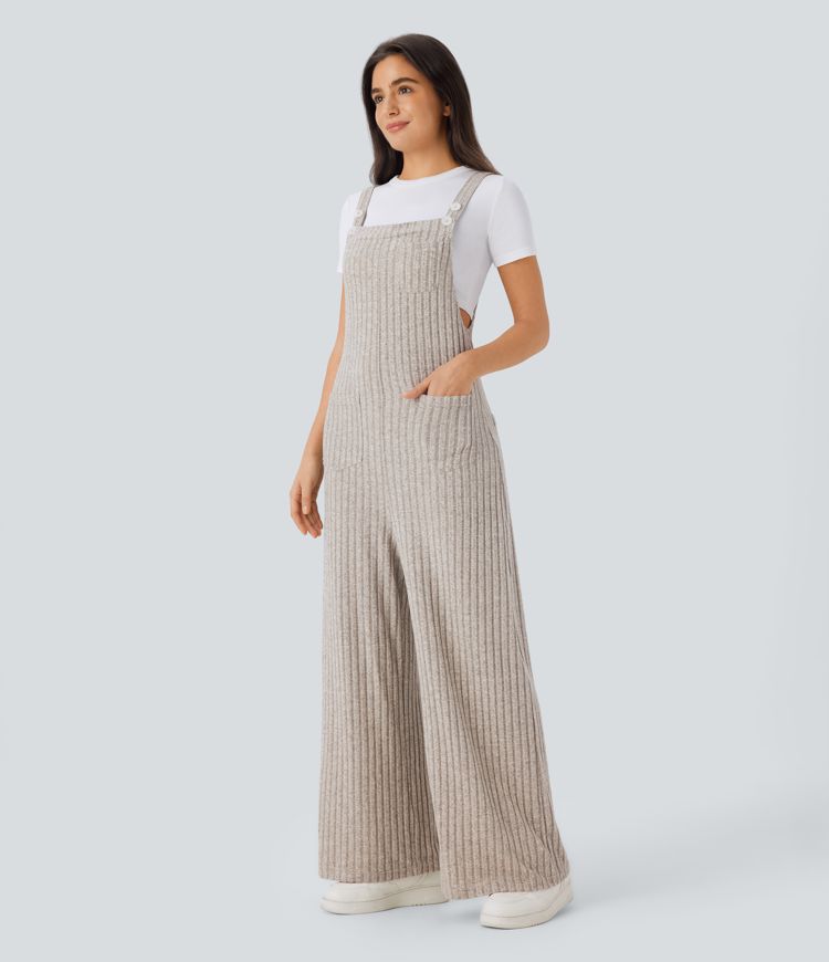 Ribbed Knit Pockets Casual Overalls