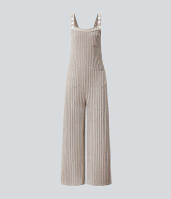 Ribbed Knit Pockets Casual Overalls