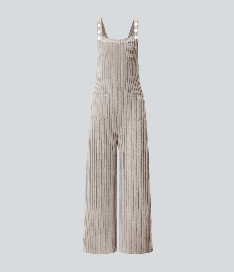 Ribbed Knit Pockets Casual Overalls