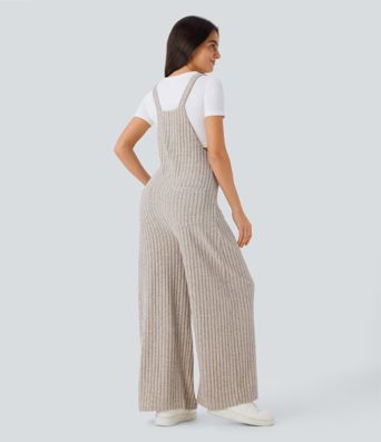 Ribbed Knit Pockets Casual Overalls