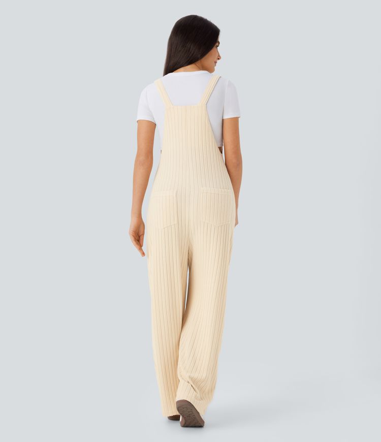 Ribbed Knit Pockets Casual Overalls