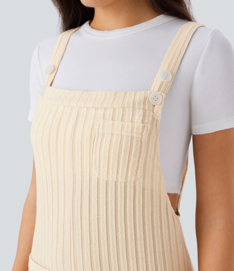 Ribbed Knit Pockets Casual Overalls