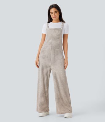 Ribbed Knit Pockets Casual Overalls