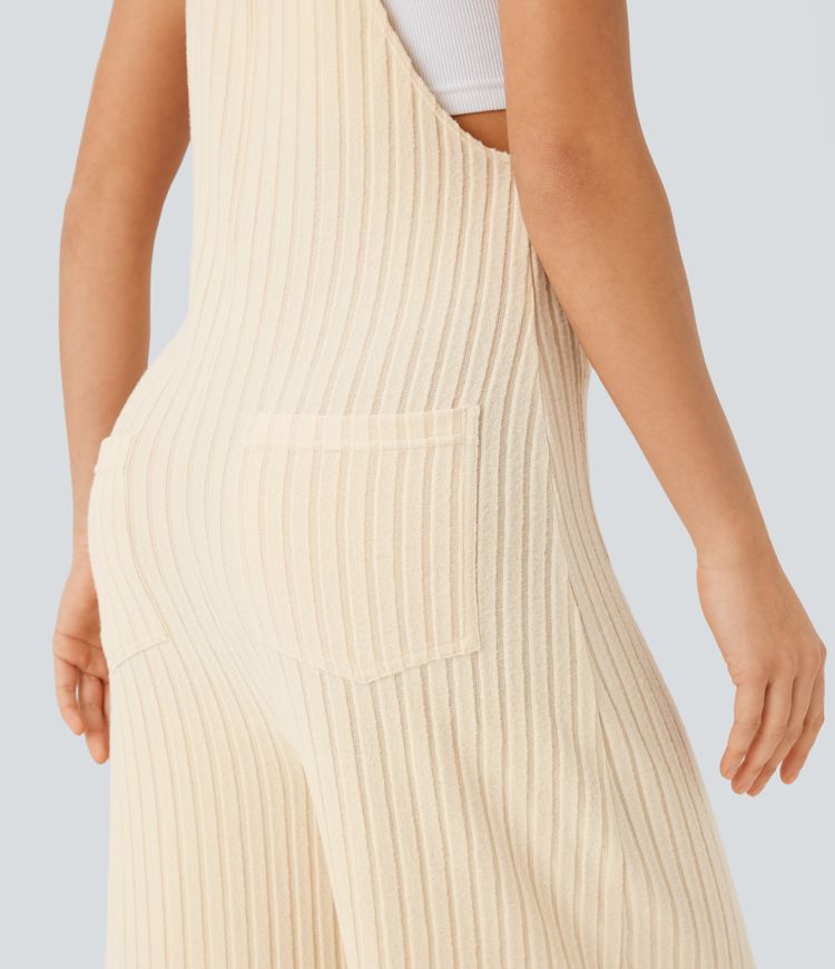 Ribbed Knit Pockets Casual Overalls