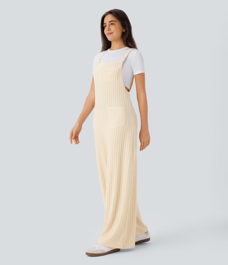Ribbed Knit Pockets Casual Overalls