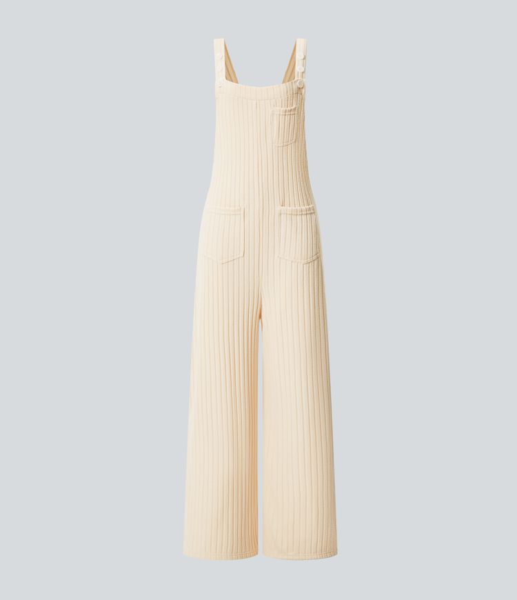 Ribbed Knit Pockets Casual Overalls