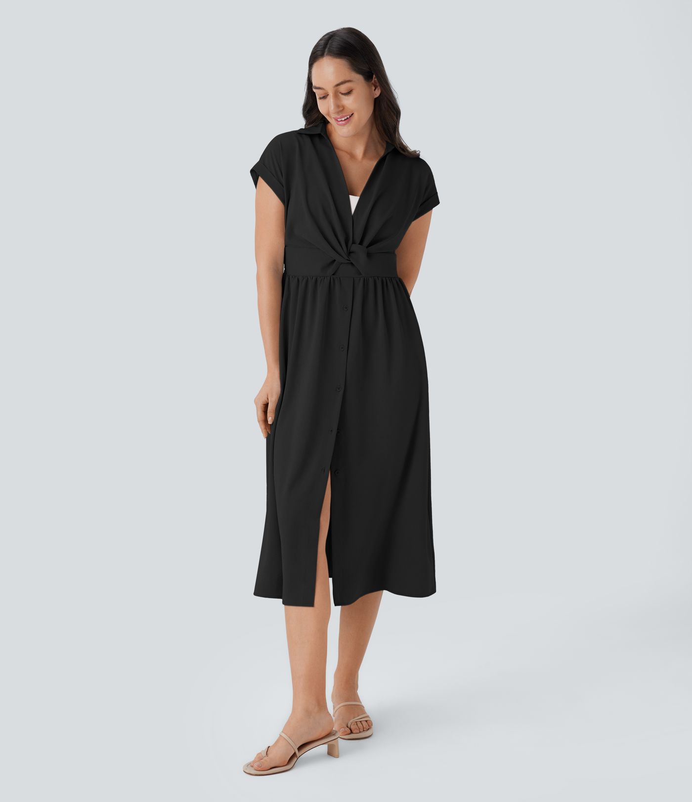 V Neck Short Sleeve Pocket Midi Casual Dress