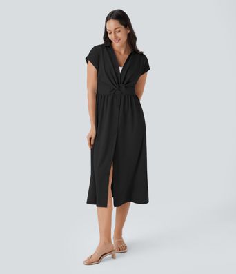 V Neck Short Sleeve Pocket Midi Casual Dress