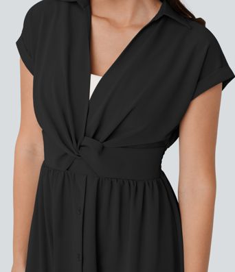 V Neck Short Sleeve Pocket Midi Casual Dress