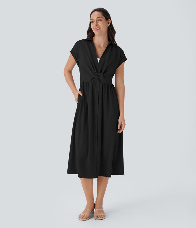 V Neck Short Sleeve Pocket Midi Casual Dress