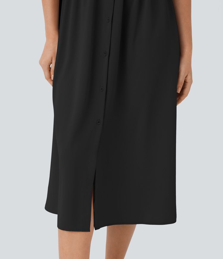 V Neck Short Sleeve Pocket Midi Casual Dress